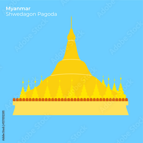 Vector Illustration of Shwedagon Pagoda, golden stupa in Yangon, Myanmar’s most important Buddhist pilgrimage site,.  ideal for faith, gold, and heritage visuals, flat art design style.