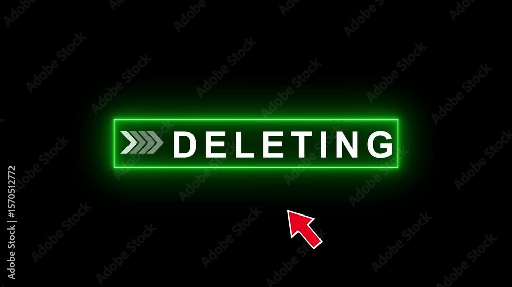 Glowing green neon line mouse cursor animation pointing towards deleting button in looping with transparent background. Up and down arrow moving on business arrow text dollar