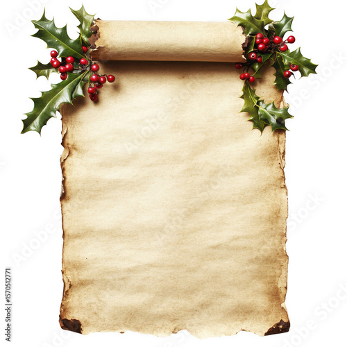 Vintage parchment scroll adorned with festive holly and bright red berries isolated on transparent background