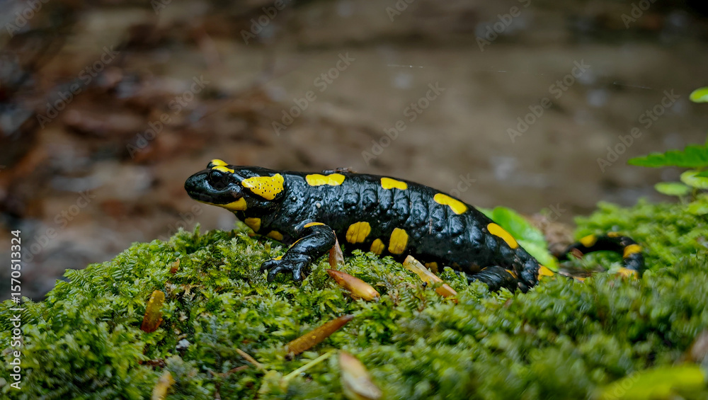 Fototapeta premium A vivid fire salamander (Salamandra salamandra) with bright yellow spots resting on moss near a forest stream in the Bükk Mountains' Csordó Valley.