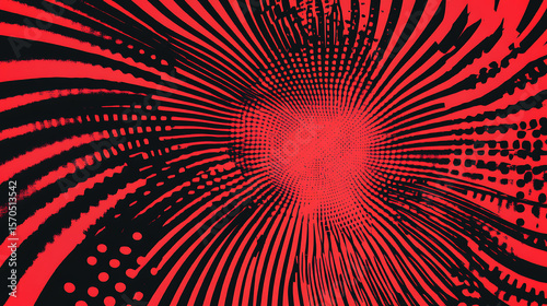 Vibrant red and black abstract radial pattern with distorted lines and halftone dots, creating a dynamic and edgy retro pop art background