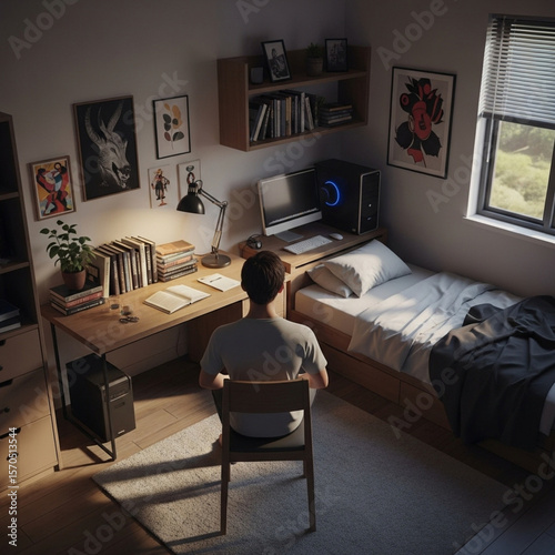Productive Student Desk Setup in Small Bedroom Interior