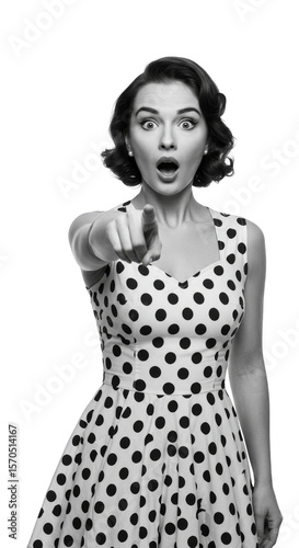 Isolated Retro Woman in Polka Dot Dress Pointing with Surprise