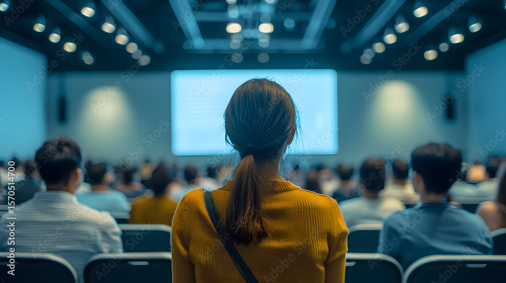 Fototapeta premium A large conference room filled with attendees listening to a presentation projected on a screen during a professional event