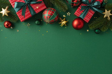 Holiday-themed image featuring a vibrant green background, Christmas gifts, ornaments, and festive decorations creating a cheerful atmosphere