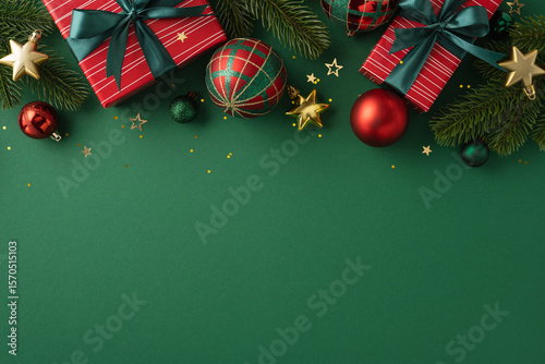 Fototapeta Holiday-themed image featuring a vibrant green background, Christmas gifts, orna