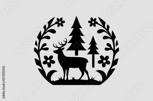 A minimalist silhouette of a deer standing alert in a forest clearing, surrounded by faint tree outlines and subtle abstract elements, emphasizing elegance and natural beauty.