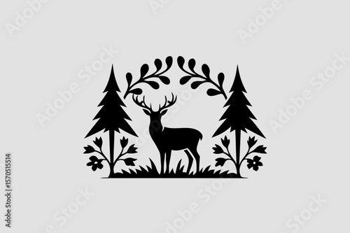 A minimalist silhouette of a deer standing alert in a forest clearing, surrounded by faint tree outlines and subtle abstract elements, emphasizing elegance and natural beauty.