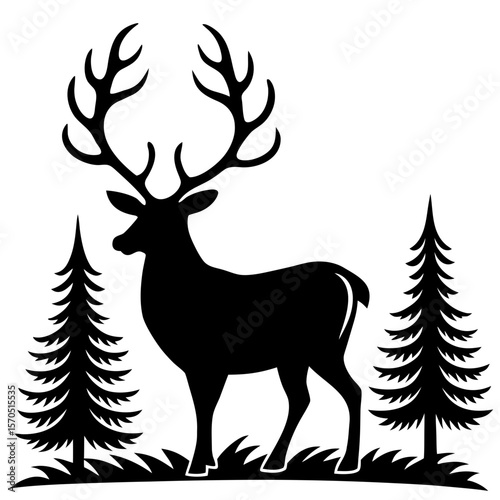 A minimalist silhouette of a deer standing alert in a forest clearing, surrounded by faint tree outlines and subtle abstract elements, emphasizing elegance and natural beauty.