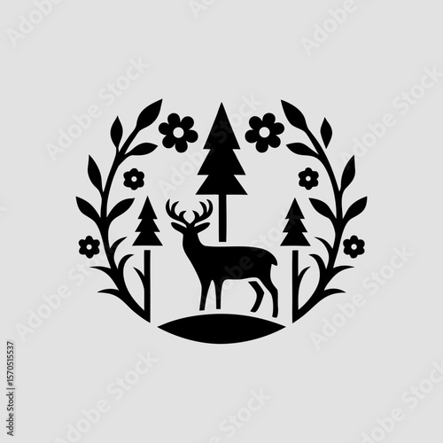 A minimalist silhouette of a deer standing alert in a forest clearing, surrounded by faint tree outlines and subtle abstract elements, emphasizing elegance and natural beauty.