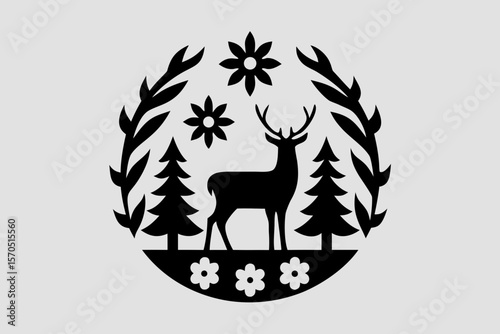 A minimalist silhouette of a deer standing alert in a forest clearing, surrounded by faint tree outlines and subtle abstract elements, emphasizing elegance and natural beauty.