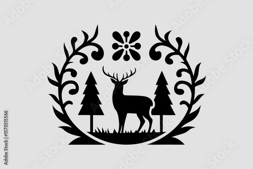 A minimalist silhouette of a deer standing alert in a forest clearing, surrounded by faint tree outlines and subtle abstract elements, emphasizing elegance and natural beauty.