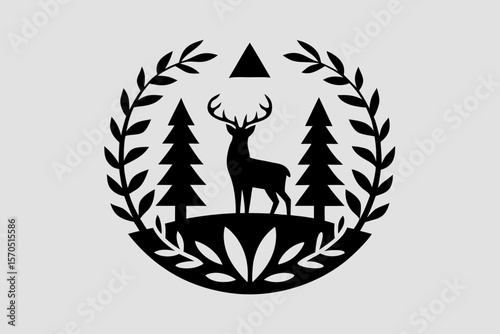 A minimalist silhouette of a deer standing alert in a forest clearing, surrounded by faint tree outlines and subtle abstract elements, emphasizing elegance and natural beauty.