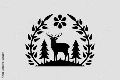 A minimalist silhouette of a deer standing alert in a forest clearing, surrounded by faint tree outlines and subtle abstract elements, emphasizing elegance and natural beauty.
