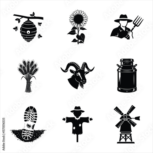 Farm Elements Black And White Vector Illustration Set Isolated On White Background Agricultural And Farming Icons