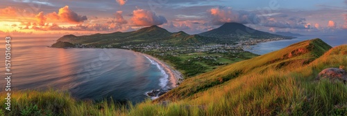 St Kitts And Nevis. Panorama of Basseterre Capital during Sunset with Beautiful Green Mountains and Beach