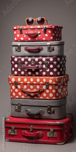 Stacked Suitcases. Packing for Vacation with Grey and Red Spotted Suitcases