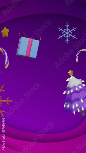 Christmas tree, decorations, gift and candy canes floating over purple background