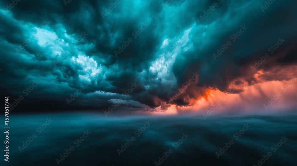 Naklejka premium Dramatic storm clouds with turquoise hues and fiery sunset, creating awe-inspiring atmosphere