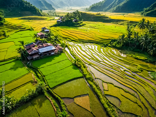 Aerial view of small village of farmer house in the green terrace rice field. Generated AI.