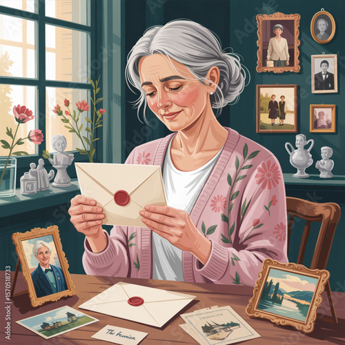 Older Woman Surrounded by Memories Reading a Letter
