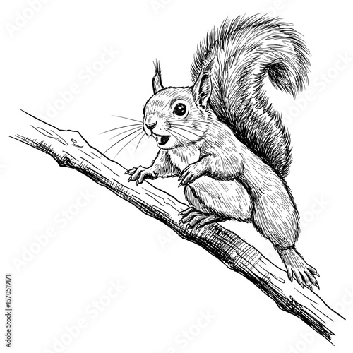 A realistic black-and-white illustration of a squirrel perched alertly on a tree branch, showcasing its bushy tail, expressive eyes, and finely detailed fur in a natural forest setting.