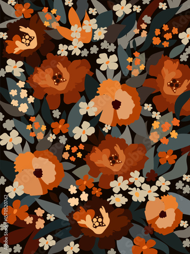 Floral canvas with leaves in brown tones on a black background. Vector.