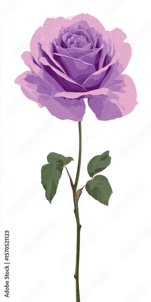 Fototapeta premium Single Lavender Rose with Green Leaves on White Background