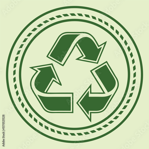 A green recycling symbol inside a circle with a dotted border, on a light green background, simple and clean design, eco-friendly concept