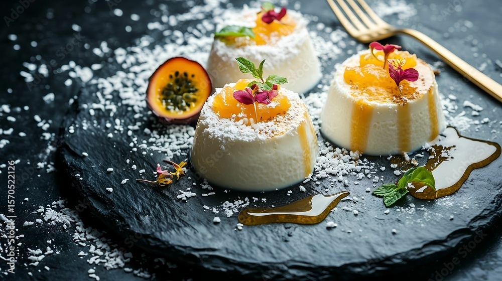 Fototapeta premium Close-up panna cotta desserts on a dark rock plate with gold cutlery with empty space for text, great for menu and hotel advertising