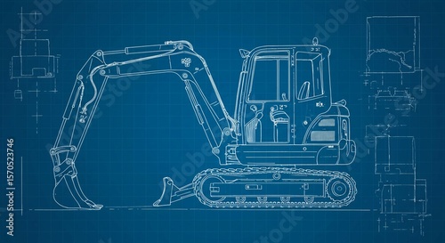 Mini Excavator Blueprint Style Vector Illustration