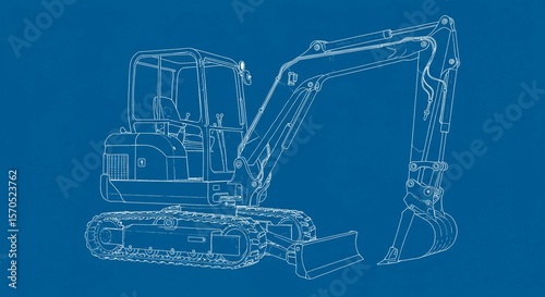 Mini Excavator Blueprint Style Vector Illustration