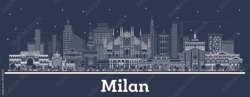 Fototapeta premium Outline Milan Italy City Skyline with white Buildings. Business Travel and Concept with Historic Architecture. Milan Cityscape with Landmarks.