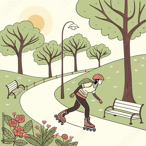 Illustration of a woman feeding ducks by a lake under a tree with a bucket of food crumbs near grass