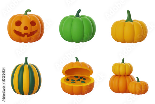 Six stylized 3D helloween pumpkins isolated on black backgrounds a jackolantern a green pumpkin an orange pumpkin a striped pumpkin a pumpkin open to reveal seeds and a stack of two small 2025