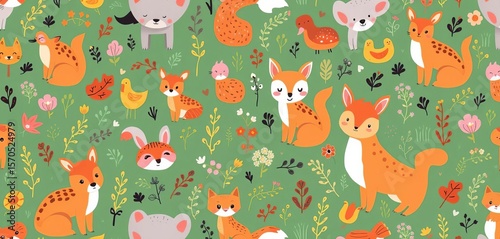 Adorable woodland creatures in a whimsical seamless pattern, perfect for kids' projects,  bright,  playful