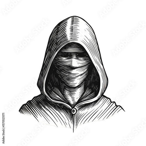 Monochrome Vector Art of Hooded Figure Isolated on Transparent Background