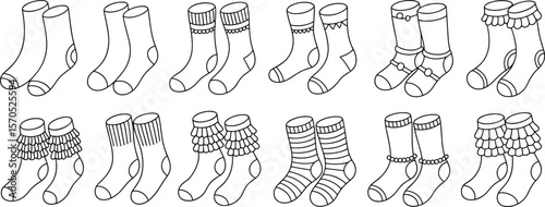 Collection of cute decorative socks, children fashion accessory, girly socks illustration, vector foot wear designs, frilly, laced, patterned styles flat vector illustration