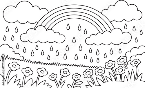 Floral Landscape with Rain and Rainbow Nature Coloring Page for Children, Rainbow Over Flowers, Rain in Garden, Nature and Weather, Springtime Scene, Flower Field Rain