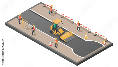Isometric view of road construction site with workers machinery and safety barriers in a vector graphic