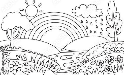 Floral Landscape with Rain and Rainbow Nature Coloring Page for Children, Rainbow Over Flowers, Rain in Garden, Nature and Weather, Springtime Scene, Flower Field Rain