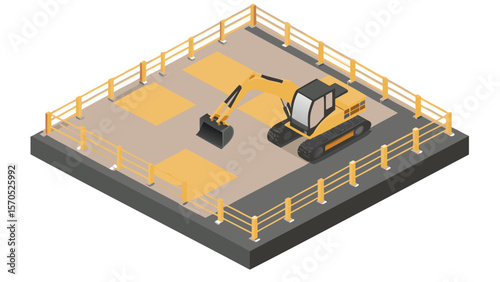 Isometric view of a yellow excavator on a construction platform with safety railings around the perimeter