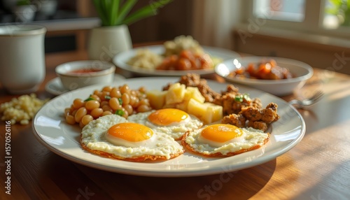 Breakfast Plate with Egg, Bean, Potato and Meat