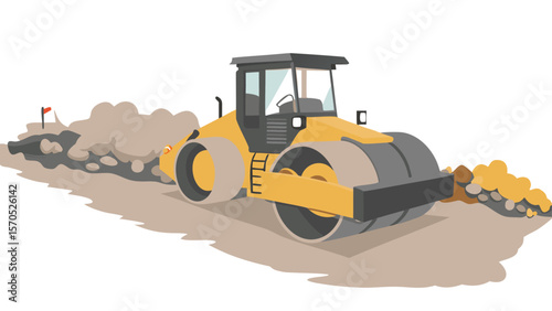 Illustration of a yellow and gray road roller flattening ground with a flag in the background view