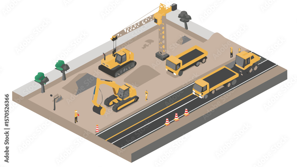 Obraz premium Isometric view of a construction site with heavy machinery and construction workers on a construction zone area