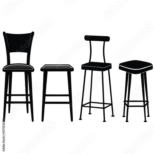 Collection of four black silhouette bar stools and chairs on a white background