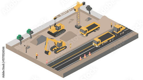 Isometric view of a construction site with heavy machinery and construction workers on a construction zone area