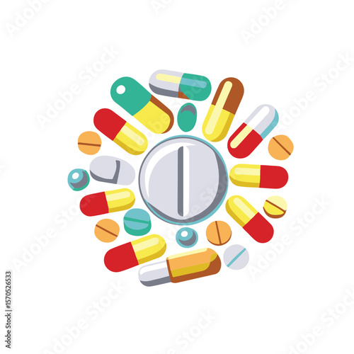 Creative Arrangement of Medical Pills and Capsules Vector Art