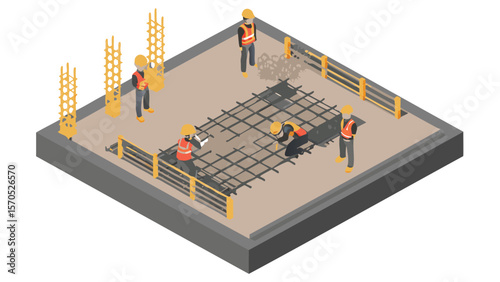 Isometric view of construction workers installing rebar on a concrete slab with safety barriers around it