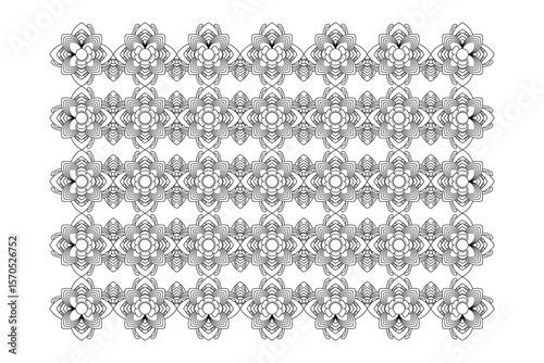 A seamless black and white floral pattern featuring meticulously detailed flowers and leaves arranged in a symmetrical, repetitive design. Illustration vector. EPS 10